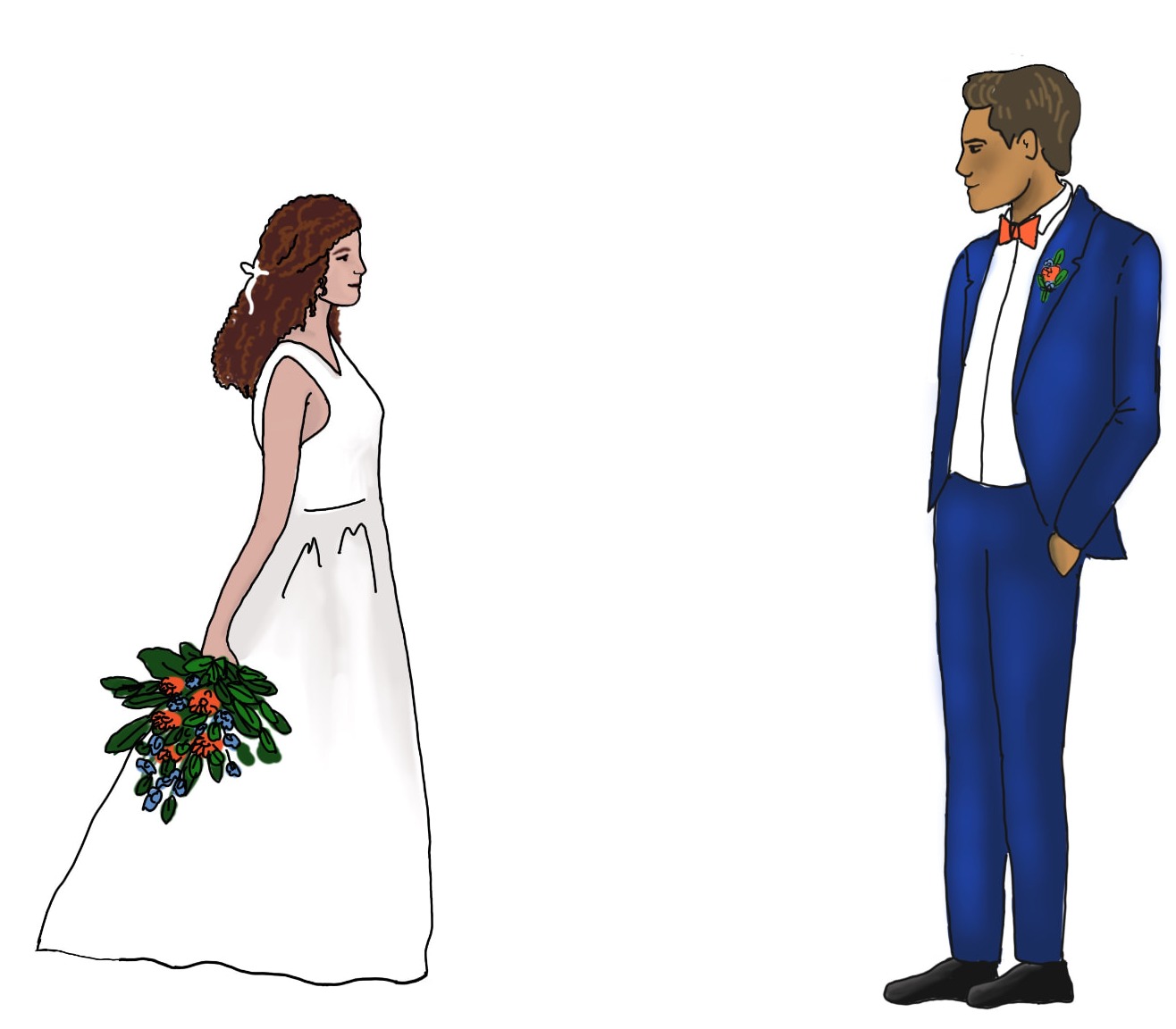 Illustration of Eliška in her wedding dress facing Samuel in a blue suit