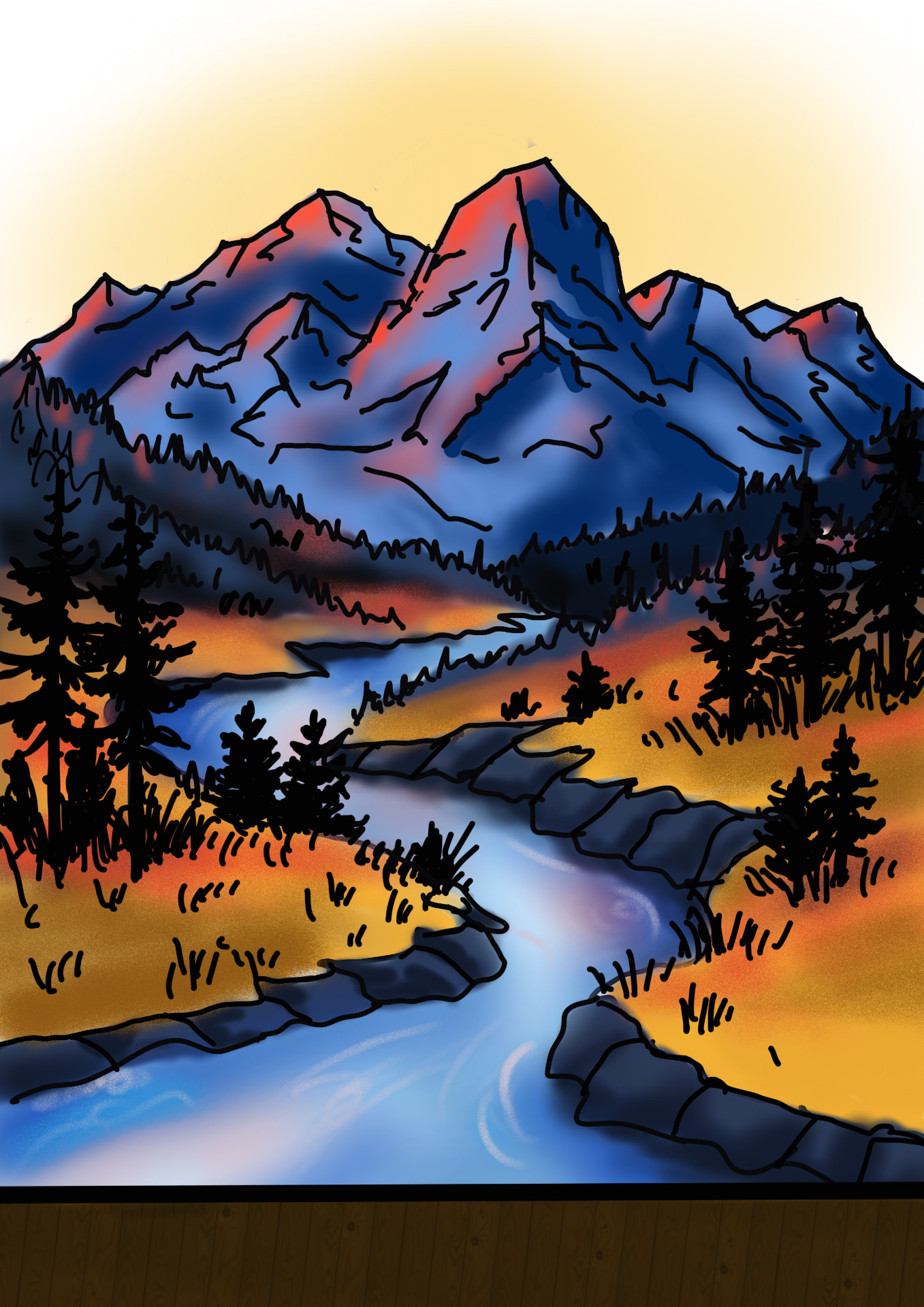 Hand-painted mountain valley at sunset by the couple